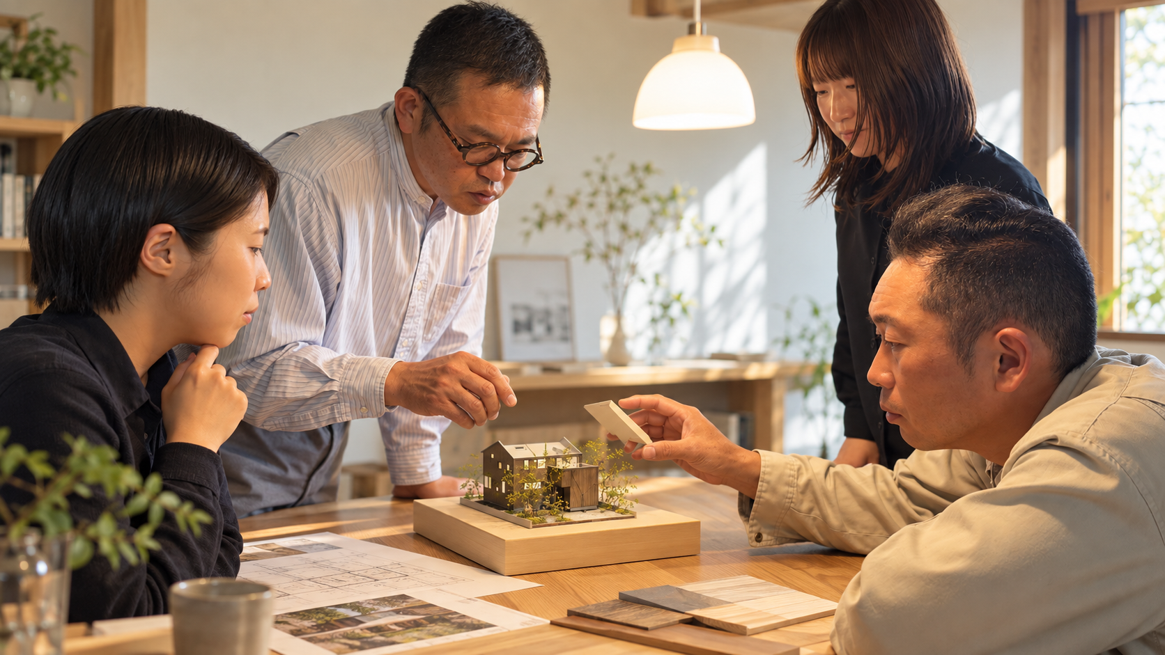 住宅模型を囲みながら住まいの設計を検討する様子